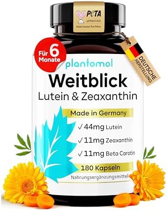Weitblick Augenvitamine hochdosiert - Lutein Zeaxanthin Kapseln plantomol® | Augen Kapseln - 44mg Lutein + 11mg Zeaxanthin + 11mg Beta Carotin hochdosiert & Vitamin A - 6-Monatsvor