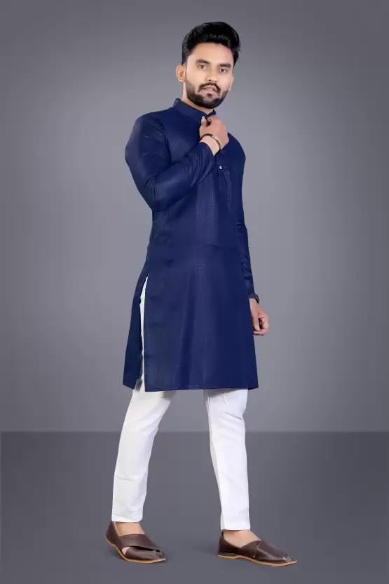 Image of weltpocket Men's Cotton Blend Solid Straight Kurta Pyjama