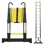 Cecaylie Escalera telescópica de aluminio de 3,8 m, escalera extensible con estabilizador y gancho extraíble, escalera de aluminio antideslizante, escalera multiusos, capacidad de carga de 150 kg