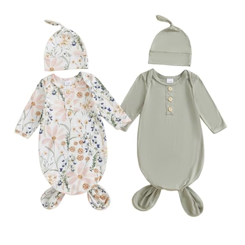 Merqwadd Baby Sleeper Gown Boy Girl 2-Pack Knotted Gown Newborn Nightgown with Hat Set Infant Sleepwear Pajamas (0-3 Months Sage Green&Wildflower)