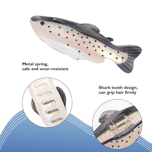 Fish Hair Claw Clip, 5 Inch Pearlescent White with Dots, Metal Spring Grip, Hair Accessory for Women
