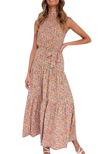 TYQQU Damen Sommer Strand Ärmellos Neckholder Maxi Kleid Flowy Hohe Taille A-Linie Maxi Kleid Blau Rosa 3XL