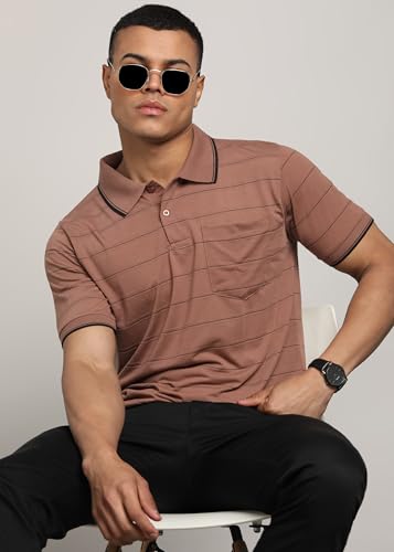 Image of INKKR Men Striped Polo Neck Cotton Blend T-Shirt