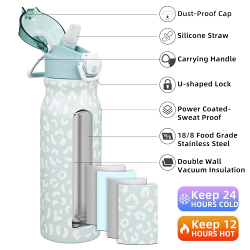 Image of BJPKPK 25 oz Insulated Water Bottle, Straw, Handle, Stainless Steel Flask | Leak Proof Locking Lid, Thermal, Double Wall Vacuum, Keeps Hot /Cold, BPA Free, Travel & Sports, Light Blue Leopard