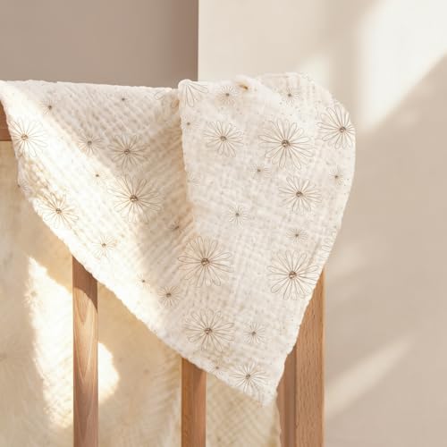 Image of lulumoon Muslin Swaddle Blankets for Baby: Cotton & Soft Receiving Blanket for Newborn with Flower Printed- Neutral Gift for Baby Shower 2pack(GreenDaisy)