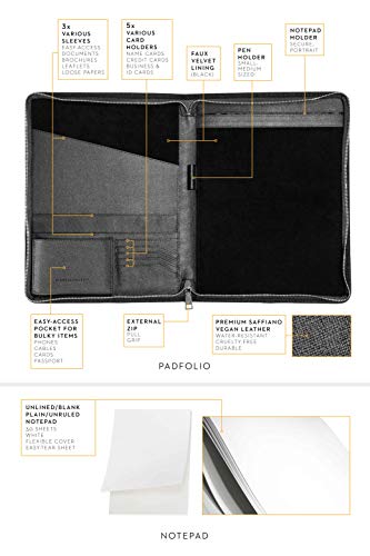 Carmel Concept Professional Padfolio In Vegan Leather. A Slim Portfolio Folder With Zip, Includes A Bonus White Unruled Notepad (Black) #TOP1