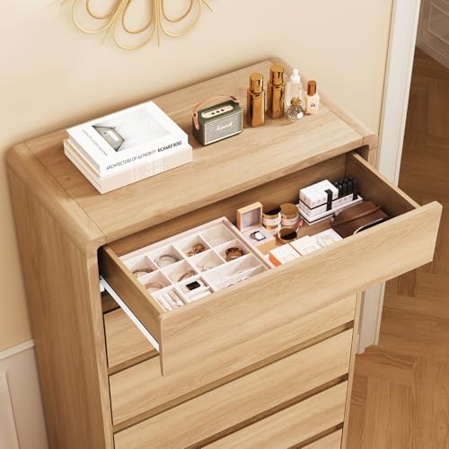 Image of TEENFON Tall Dresser for Bedroom with 6 Drawers, 49.2 inch Tall Dressers & Chest of Drawers with Curved Profile Design, Wood Closet Storage Dressers Organizer for Bedroom, Living Room, Natural