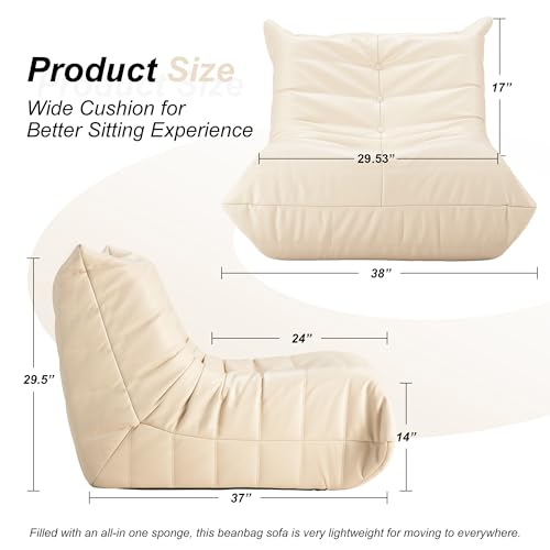 Hobestluk Giant Bean Bag Chair Lazy Floor Sofa, Memory Foam Fireside Sofa for Adults, Big Beanbag Faux Leather Armless Chair for Living Room Bedroom Dorm Office (Beige, Single)