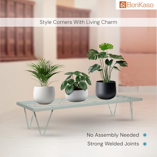 Image of BonKaso Heavy Duty Rectangle Plant Stand: 60.9X 20.3 x 12.7 cm, White - Set of 4, Modern Design for Indoor & Outdoor Use, Sturdy, Anti-Rust Planter Stand for Garden, Balcony, Patio