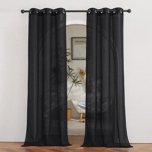 NICETOWN Vintage Open Linen Weave Flax Sheer Window Curtains, Ring Top Translucent Drapes Privacy with Light Through for Bedroom/Living Room, Black, 36" Wide by 84" Long, 2 Pieces