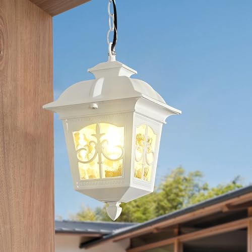 White Outdoor Pendant Light, Porch Foyer Entryway Entrance Patio Farmhouse Aluminum Hanging Lantern Waterproof Outside Hanging Light Exterior Chandelier Light with Adjustable Chain(2 Pack)