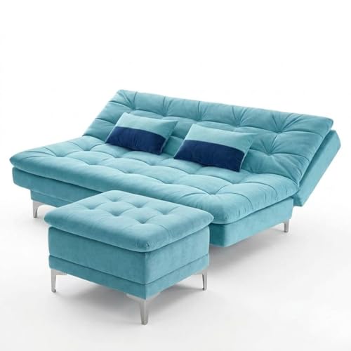 Image of FURNY Supersoft 3 Seater Fabric Sofa Cum Bed with Ottoman (Sky Blue) Premium Velvet Finish with Extra 2 Cushions, Ideal for Living Rooms, Bedrooms, Offices