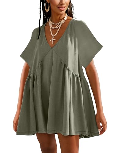 Image of Gozoloma Women Summer Short Sleeve Mini Dress Casual Loose V Neck Flowy Sundress Vacation Tshirt Sun Dress with Pockets