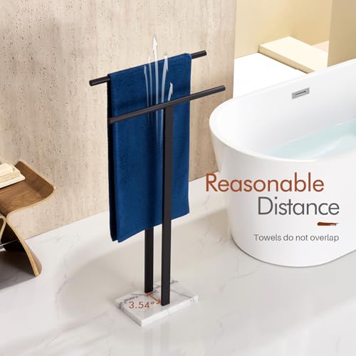 Image of KOKOSIRI Free Standing Towel Racks Matte Black 2-Tier Towel Holder for Bathroom Floor Stand with Heavy Marble Base Thicken Steady Design Stainless Steel THS0005-BK
