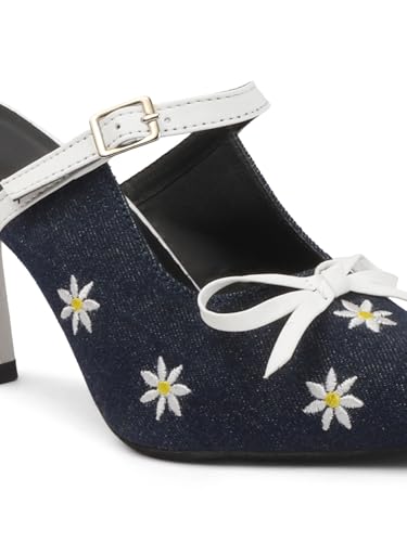 Image of TRYME Denim Embroidered Mules Style Bow Pointed Toe Slip-on Stilettos Heel Sandals for Womens and Girls