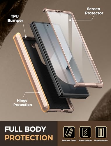 Image of Vihibii for Samsung Galaxy Z Fold 6 Case with Card Holder & Camera Cover & Hinge Protection & Screen Protector, [Military Grade Drop Protection] Heavy Duty Rugged Wallet Case for Z Fold 6, Rose Gold