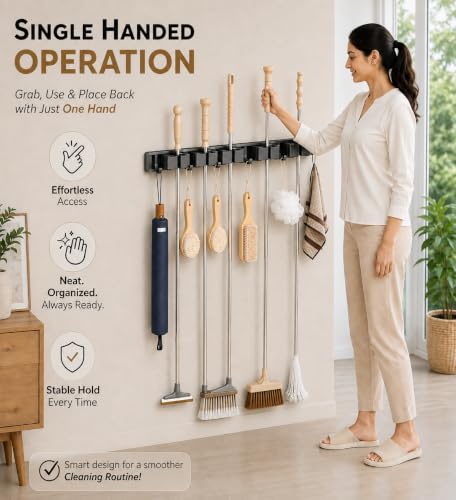Image of TENOM Broom Holder Wall Mount, Space Aluminium Rust Proof Mop Holder, Broom Stick Holder Wall Mounted with Hooks, Mop Hanger for Kitchen, Bathroom & Home