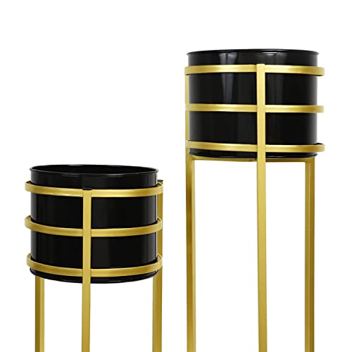 Image of Metal Floor Flower Stand for Living Room /Indoor Plant Stand with Planter Pot (Set of 2) (Black)