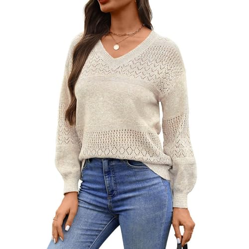 Womens Fall Lightweight V Neck Hollow Out Knitted Tops Long Sleeve Drop Shoulder Casual Loose Sweaters2
