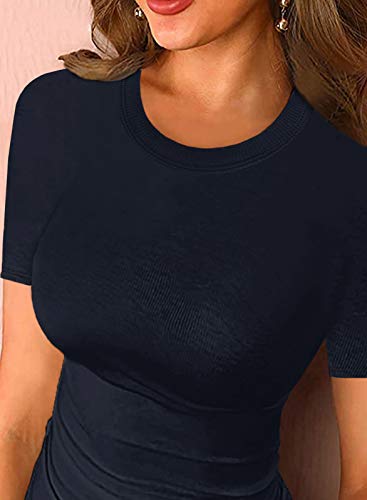 Womens Crewneck Short Sleeve Ribbed T-Shirt Slim Fit Tops Solid Basic Tee2