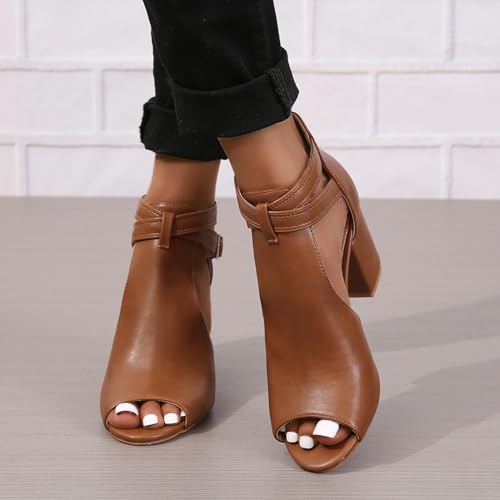 Image of Women's Peep Toe Sandals Side Cutout Chunky high Heel Adjustable Buckle