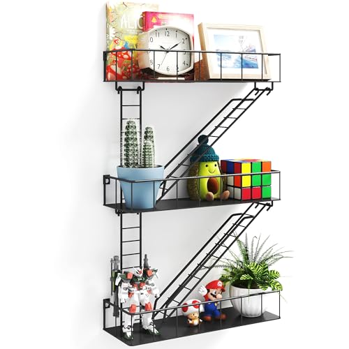 Image of Black Metal Fire Escape Wall Shelf, Unique Decorative Shelves for Wall, New York Shelf Ladder Storage, Funky Knick Knack Shelf Organizer, Industrial Wall Shelves for Bathroom,Living Room