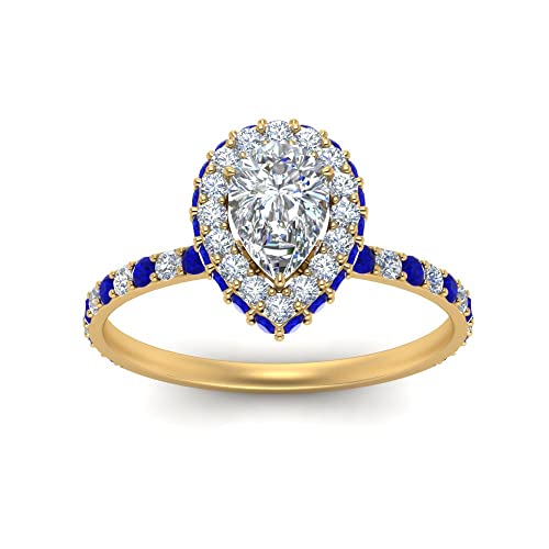 Image of Choose Your Gemstone Pave Rollover Pear Halo Engagement Ring Yellow Gold Plated Pear Shape Halo Engagement Rings Matching Jewelry Wedding Jewelry Easy to Wear Gifts US Size 4 to 12