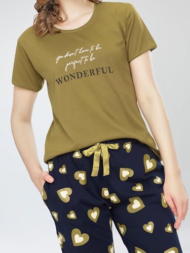 Image of ZEYO Night Suit for Women's Heart Printed Cotton Night Dress of Top and Capri Set 5745
