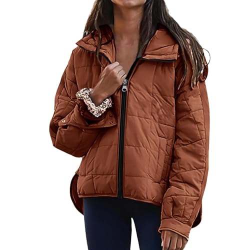 Chaqueta acolchada para mujer, ligera, acolchada, de manga larga, con cremallera, abrigo de invierno con bolsillo, chaqueta acolchada para mujer, marrón, S