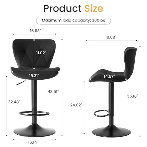 Image of HealSmart Bar Stools Set of 2, Adjustable Faux Leather Swivel Bar Stools, Counter Height Bar Chairs with Back for Kitchen Island, 360 Swivel, 300 lbs Capacity, Black