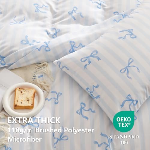 Image of Bow Duvet Cover King Size Blue Striped Bowknot Bedding Set Kids Girls Cute Bows Vertical Stripes Soft Breathable Microfiber Comforter Cover Set with Zipper Closure and 2 Pillowcases
