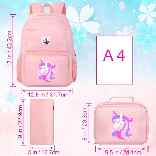 3PCS Unicorn With Sequin Backpack, Water Resistant Girls Aesthetic Bookbag with Lunch Box, 18 Inch Cute Anti Theft School Bag Set for College Teenagers Senior Junior Elementary - Pink Unicorn4