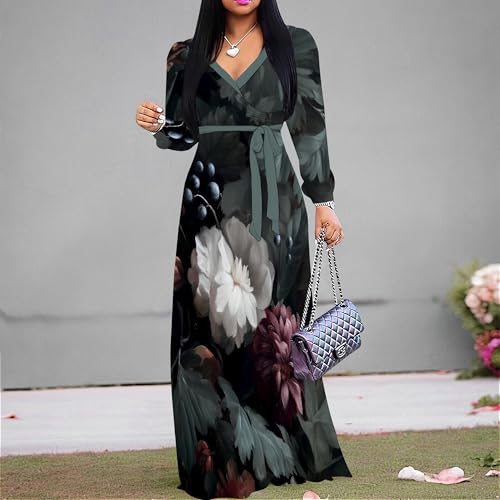 Image of PinkPatty Women's Print Maxi Dresses 3 /4 Sleeve Flowy Long Dress V Neck Wrap Tie Waist Sundress