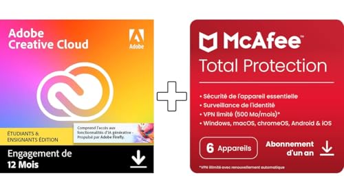 Adobe Creative Cloud All Apps Étudiants/Enseignants & McAfee Total Protection 2025 | 6 Appareils |12 Mois | Téléchargement | 2025 | 2025 | Code d'activation - envoi par email