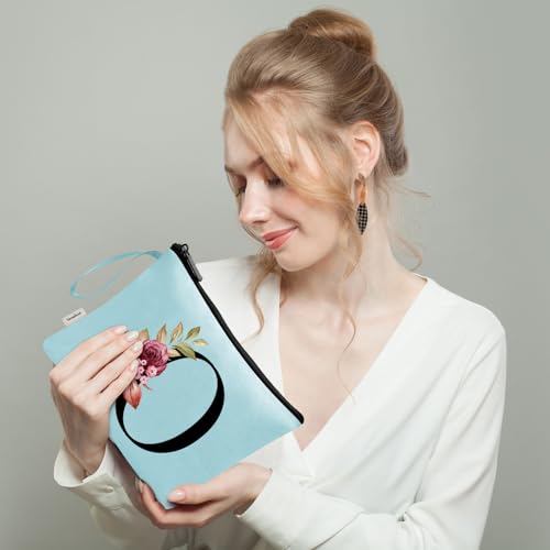 Image of Vavabox A-Z Personalized Makeup Bag, Birthday Gifts for Women Mom, Gifts for Best Friend, Bride Bridesmaid Cosmetic bag (O, Aqua)