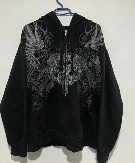 Y2k Zip Up Emo Goth Hoodie Oversized Hip Pop Streetwear Sweatshirt 2000s Vintage Rapper Grunge Jackets - Image 4