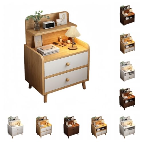 sandqvipaナイトスタンド、引き出し付き木製サイドテーブル、小物収納、組み立て簡単、木製、コンパクト、スタイリッシュ、省スペース (【ダブル引き出し高さ】オーク色 40×34×70cm)