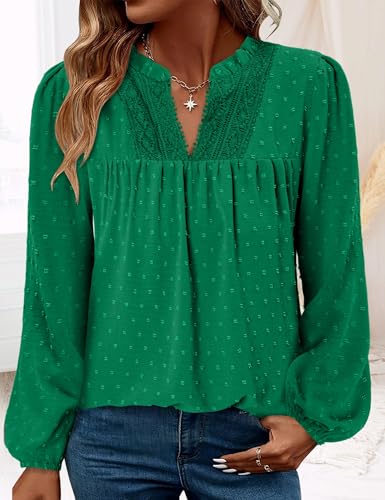 BETTE BOUTIK Women Boho Long Sleeve Shirts Dressy Casual V Neck Fall Fashion Tops Swiss Dot Flowy Blouses