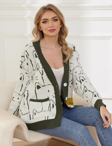 Wyeysyt Cat Sweater for Women Casual Button Down V Neck Cable Knit Cardigan Cute Kawaii Cartoon Cardigan Coat2