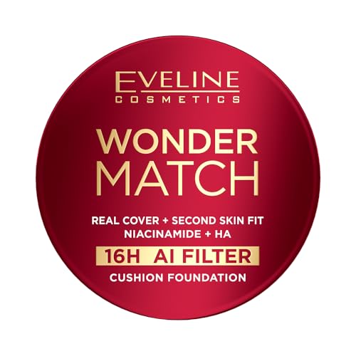 Eveline Cosmetics Wonder Match Cushion Foundation Kompakt Make-up für volle Deckkraft & Second-Skin-Glow 16H langanhaltendes Finish mit Niacinamid Vegan