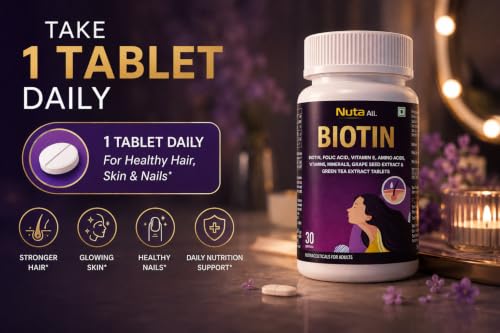 Image of Biotin Hair Growth Tablets | Biotin with Folic Acid, Vitamin E, Amino Acids & Antioxidants | Supports Hair Strength, Skin Glow & Nail Health | 30 Veg Tablets