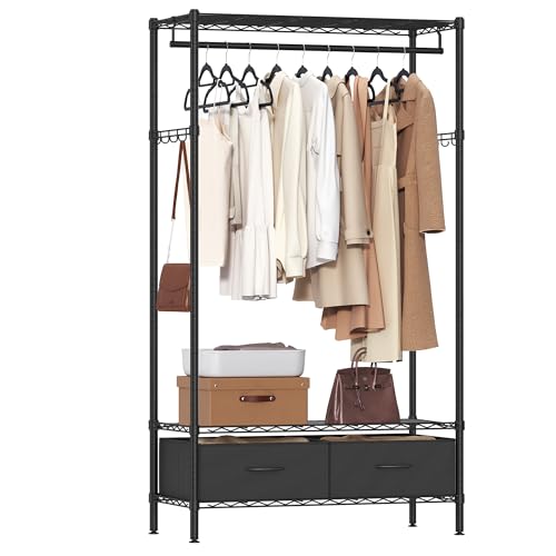 SONGMICS Clothes Rack, Heavy-Duty Garment Rack with Mesh Shelf, 2 Fabric Drawers, Hanging Rail, Hooks, Ink Black ULGR411B02