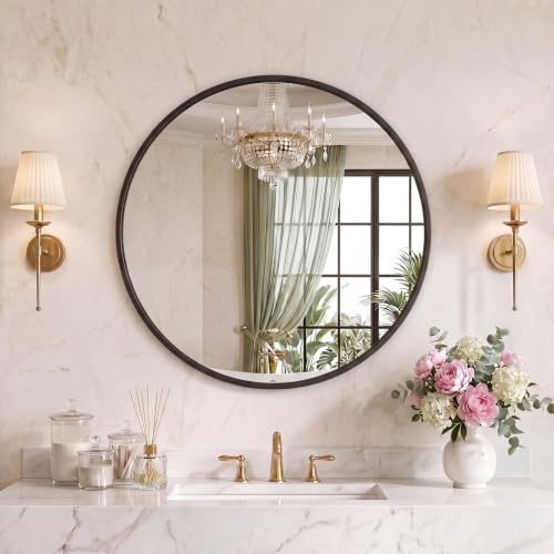 Image of Sweetcrispy 28 Inch Round Wall Mirror, Bathroom Mirrors for Over Sink, Matte Metal Framed Circle Vanity Mirror, Wall Decor for Bedroom, Entryway, Anti-Rust, Tempered Glass, Hanging or Leaning,Black