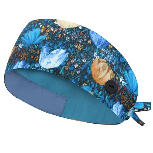Image of Adjustable Scrub Cap with Button, Satin-Lined Cotton Scrub Hat Sweatband, Elastic Working Hat Unisex, One Size