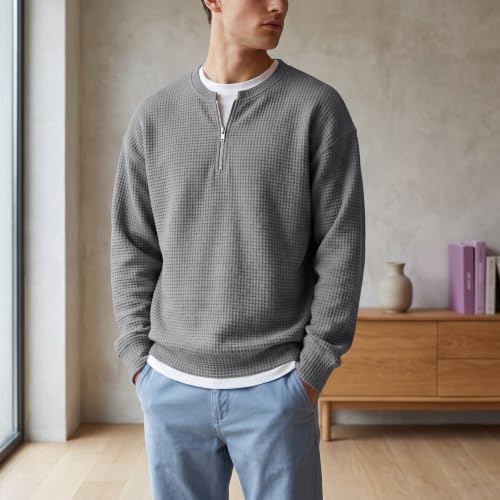 Waffle Quarter Zip Pullover Men 1/4 Zip Faux Layered Big and Tall Shirt - image 2