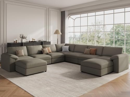 Image of EASE MOOSE Modular Sectional Sofa, Faux Leather Couch, Light Grey