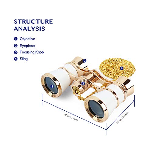 Aomekie Opernglas Theaterglas 3er Vergrößerung Mini Klein Kompakt Feldstecher Fernglas mit Kette für Theater Konzert Opera und Pferderennen 3X 25 (weiß)