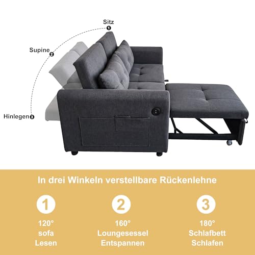 Sofá loveseat 3 en 1 gris con respaldo ajustable, cojines y bolsillos laterales 5