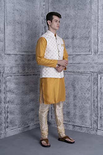 Image of Uri and MacKenzie Men's Silk Blend Regular Kurta Churidar Pyjama with Bundi Nehru Jacket /Waistcoat