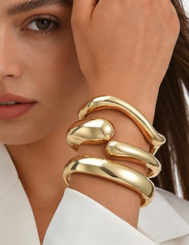Image of Chunky Gold Bangle Bracelets for Women, Dainty 14k Gold Plated Big Stackable Bangles Set, Trendy Statement Cuff Bracelet Stack Fashion Jewelry Gifts